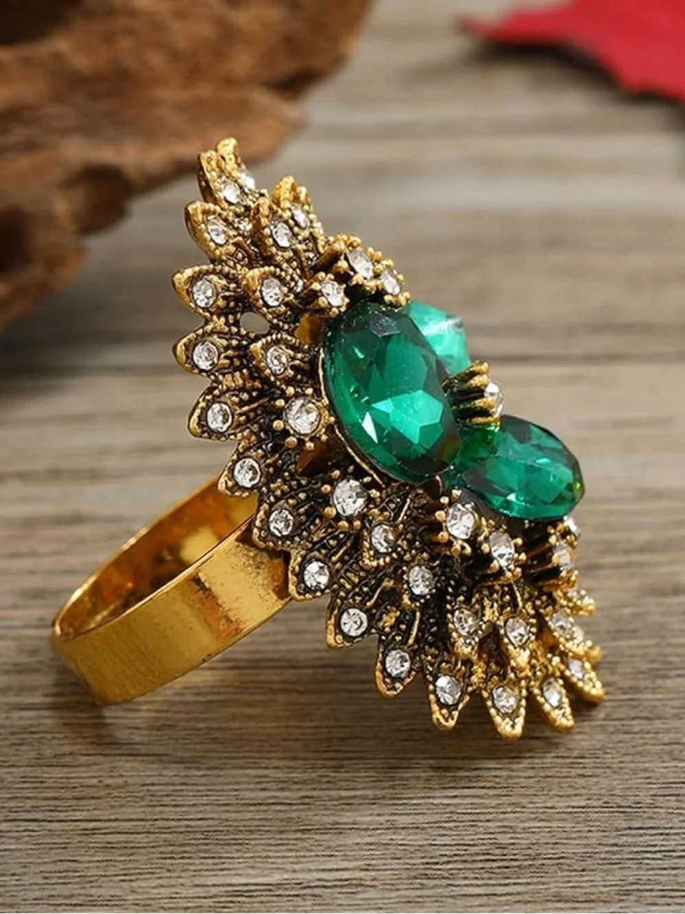 Anthropologie Gold-Tone Ring with Emerald Green Crystals